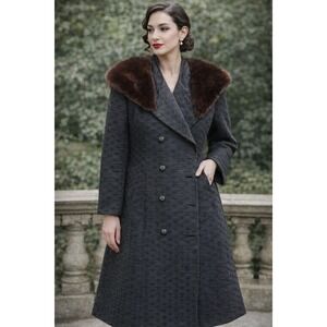 Vintage Monsieur Jacques Coat Womens Large Gray Wool Fur Collar Overcoat France